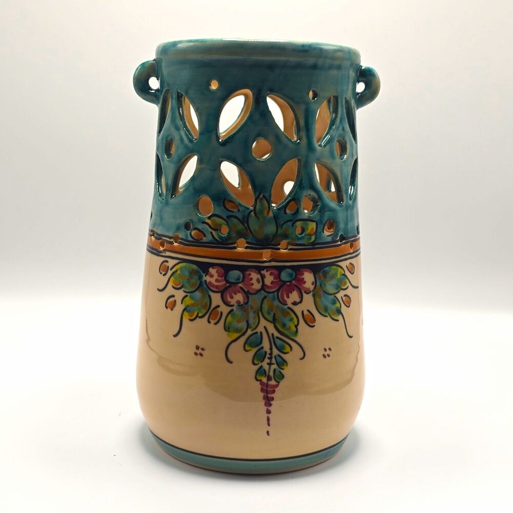 Vintage Gonfer Spain Pottery Candle Holder Luminary Hand Painted Pierced Ceramic